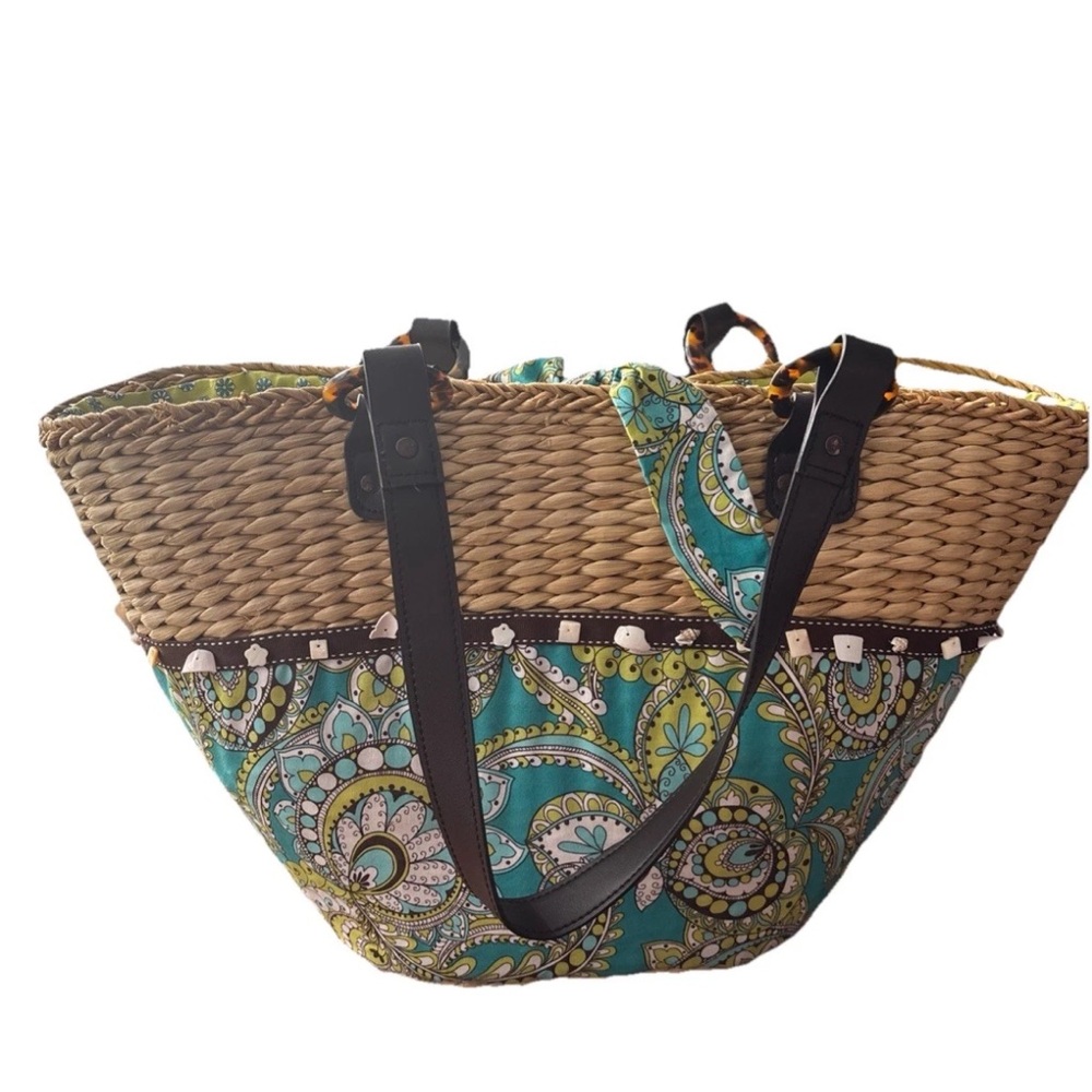 Vera Bradley- Retired Paisley Straw Tote- w/ Beach Shells & Brown Strap